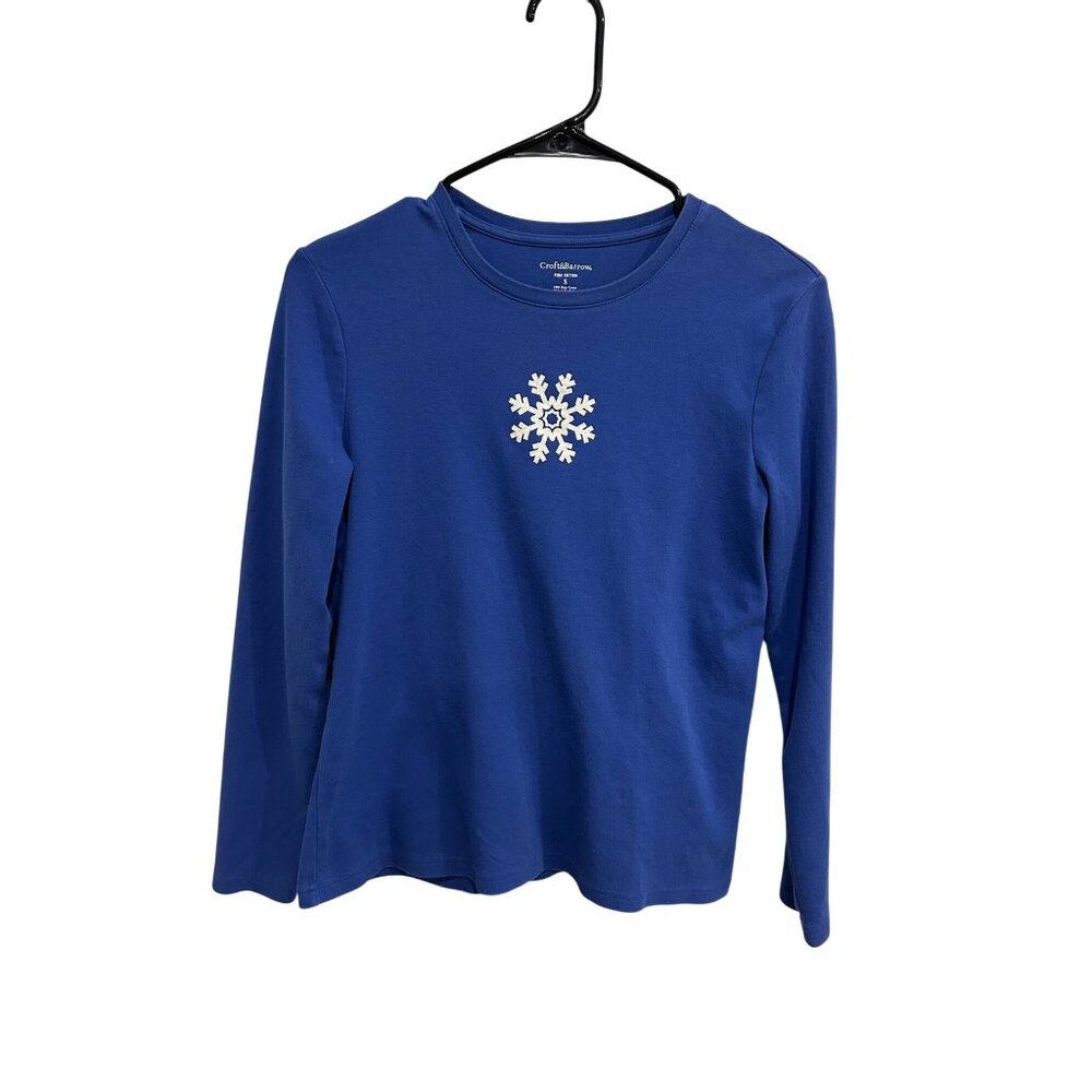 Croft & Barrow Snowflakes Crewneck Long Sleeve Top Blue Sz Small Pima Cotton